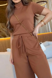 Casual Solid Color Draw String Turtleneck Short Sleeve Two Pieces