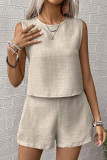 Casual Solid Color Distressed Buttons O Neck Sleeveless Two Pieces