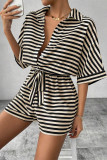 Casual Stripe Buttons With Belt Contrast Turndown Collar Loose Rompers