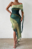 Sexy Gradient Print Irregular Contrast ribbon Off Shoulder Wrapped Skirt Dresses