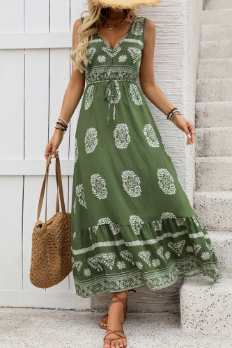 Vacation Geometric Print Contrast V Neck Sleeveless Dresses