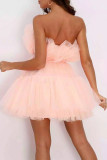 Sexy Solid Color Mesh Bow Decor Strapless Ball Gown Dresses