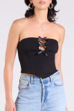 Sexy Solid Color Hollow Out Bow Decor Strapless Tops