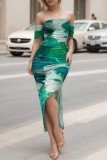 Sexy Gradient Print Slit Irregular Contrast Off Shoulder Wrapped Skirt Dresses