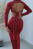 Casual Solid Color Backless Slit O Neck Wrapped Skirt Dresses