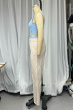 Casual Solid Color Pocket Zipper Contrast Square Neck Sleeveless Two Pieces