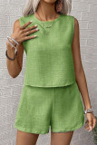 Casual Solid Color Distressed Buttons O Neck Sleeveless Two Pieces
