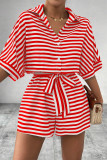 Casual Stripe Buttons With Belt Contrast Turndown Collar Loose Rompers