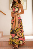 Vacation Floral Print Lace Up Contrast Halter Printed Dresses