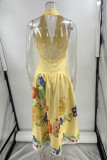 Sexy Floral Print Backless Halter Long Dresses