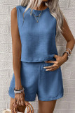 Casual Solid Color Distressed Buttons O Neck Sleeveless Two Pieces