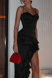 Sexy Solid Color Irregular Flounce V Neck Irregular Dresses