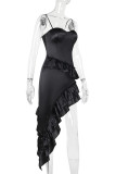 Sexy Solid Color Irregular Flounce V Neck Irregular Dresses
