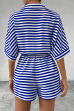 Casual Stripe Buttons With Belt Contrast Turndown Collar Loose Rompers