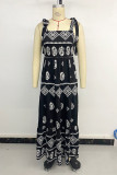 Casual Geometric Print Lace Up Patchwork Contrast Square Neck Sling Dresses