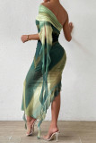 Sexy Gradient Print Irregular Contrast ribbon Off Shoulder Wrapped Skirt Dresses