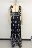Casual Geometric Print Lace Up Patchwork Contrast Square Neck Sling Dresses