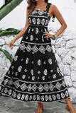 Casual Geometric Print Lace Up Patchwork Contrast Square Neck Sling Dresses