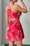 Sexy Gradient Print Hollow Out Draw String Pleated Sloping Shoulder Pleated Dresses