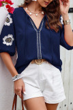 Casual Flowers Embroidered Lace Up O Neck Tops