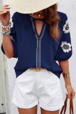 Casual Flowers Embroidered Lace Up O Neck Tops