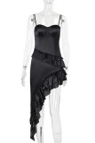Sexy Solid Color Irregular Flounce V Neck Irregular Dresses