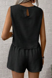 Casual Solid Color Distressed Buttons O Neck Sleeveless Two Pieces