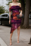 Sexy Gradient Print Slit Irregular Contrast Off Shoulder Wrapped Skirt Dresses