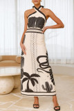Casual Landscape printing Lace Up Contrast Halter Printed Dresses