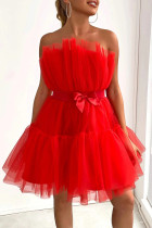 Sexy Solid Color Mesh Bow Decor Strapless Ball Gown Dresses