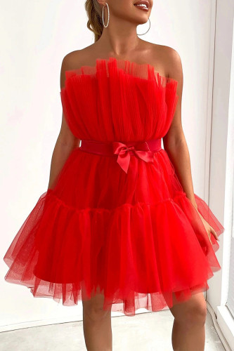 Sexy Solid Color Mesh Bow Decor Strapless Ball Gown Dresses