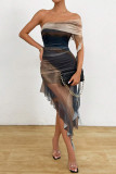 Sexy Gradient Print Irregular Contrast ribbon Off Shoulder Wrapped Skirt Dresses
