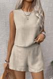 Casual Solid Color Distressed Buttons O Neck Sleeveless Two Pieces