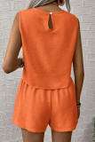 Casual Solid Color Distressed Buttons O Neck Sleeveless Two Pieces