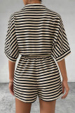 Casual Stripe Buttons With Belt Contrast Turndown Collar Loose Rompers