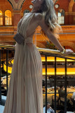 Sexy Solid Color Lace Up Backless Ruched Halter Long Dresses