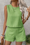 Casual Solid Color Distressed Buttons O Neck Sleeveless Two Pieces