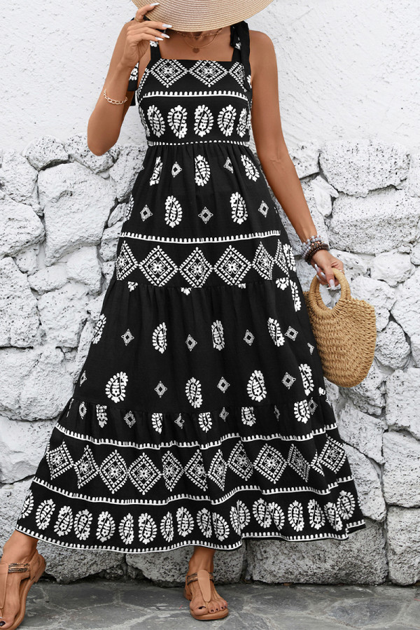 Casual Geometric Print Lace Up Patchwork Contrast Square Neck Sling Dresses
