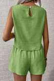 Casual Solid Color Distressed Buttons O Neck Sleeveless Two Pieces