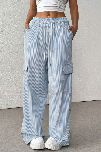 Street Stripe Draw String Pocket Contrast Loose High Waist Straight Full Print Bottoms