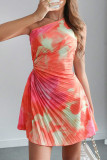 Sexy Gradient Print Hollow Out Draw String Pleated Sloping Shoulder Pleated Dresses