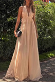 Sexy Solid Color Lace Up Backless Ruched Halter Long Dresses