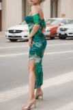 Sexy Gradient Print Slit Irregular Contrast Off Shoulder Wrapped Skirt Dresses