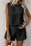 Casual Solid Color Distressed Buttons O Neck Sleeveless Two Pieces