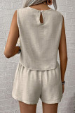 Casual Solid Color Distressed Buttons O Neck Sleeveless Two Pieces