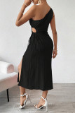 Sexy Solid Color Draw String Irregular Sloping Shoulder Irregular Dresses