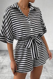 Casual Stripe Buttons With Belt Contrast Turndown Collar Loose Rompers