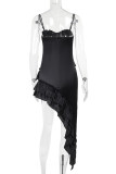 Sexy Solid Color Irregular Flounce V Neck Irregular Dresses
