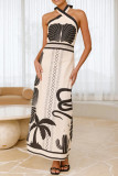 Casual Landscape printing Lace Up Contrast Halter Printed Dresses