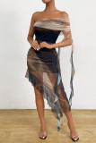 Sexy Gradient Print Irregular Contrast ribbon Off Shoulder Wrapped Skirt Dresses